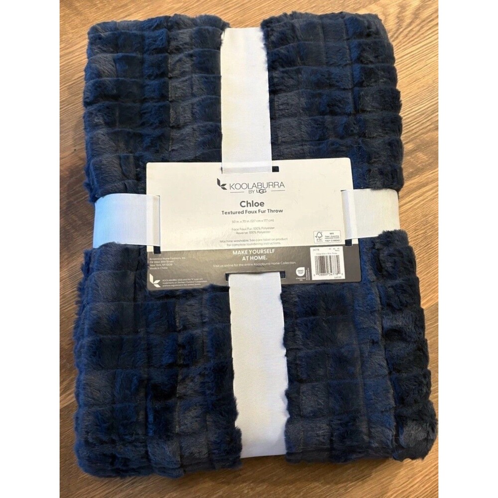 NEW Koolaburra By Ugg Chloe Faux Fur Throw Blanket 50” x 70” Navy Blue